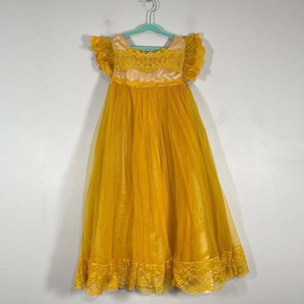 Trish Scully Child Gown Maxi Dress Girls 8 Sunflower Yellow Lace Tulle Party